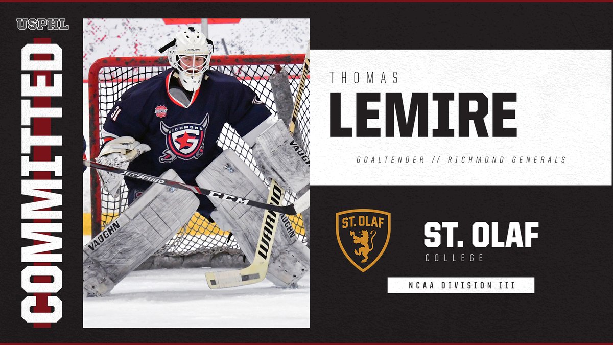 USPHL's tweet photo. #USPHLCommitments: Congratulations to @RVAGenerals  goaltender Thomas Lemire, who will continue his hockey career and education at @StOlafMHockey. Best of luck to Thomas on and off the ice!

https://t.co/Tg4NWdrld4 https://t.co/7JtYP6Uiov