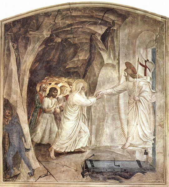 Fra Angelico, 1441. On the bottom right, you can see a demon absolutely flattened by the door Christ just kicked in.