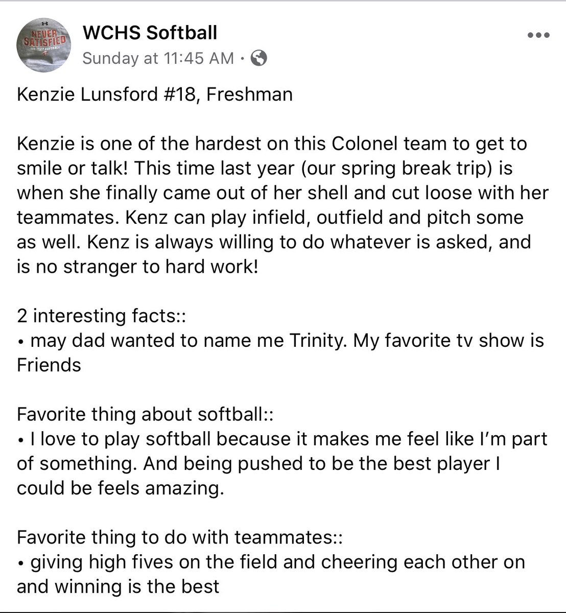 WhitleySoftball's tweet photo. Meet Kenzie Lunsford, Freshman #18 https://t.co/UNl9u2tF99