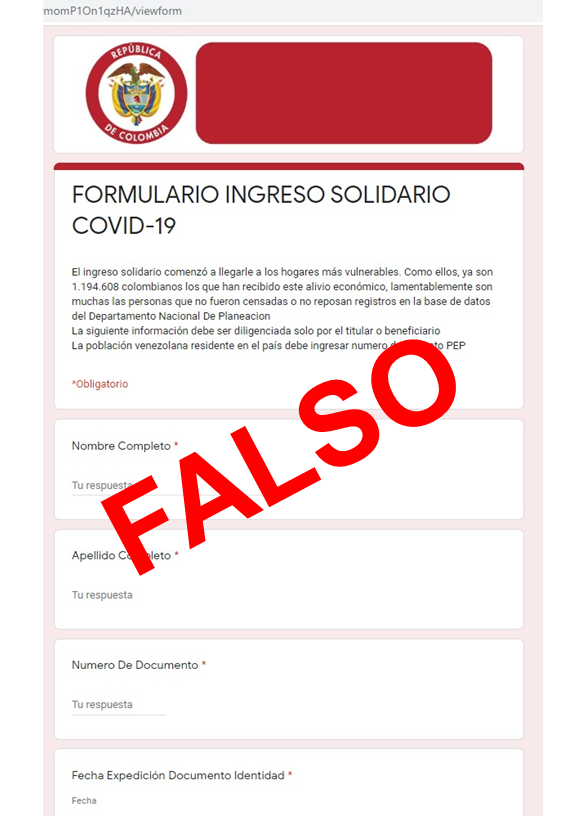 CaiVirtual's tweet photo. Usted, sí USTED 🙄
NO ingrese sus datos personales ¡Alerta! Falso formulario “INGRESO SOLIDARIO” se está enviando a través de WhatsApp, “no reenviarlo” #RompaLaCadena @mindefensa @Ministerio_TIC @PoliciaColombia @DIJINPolicia https://t.co/oEcOcM2vWG