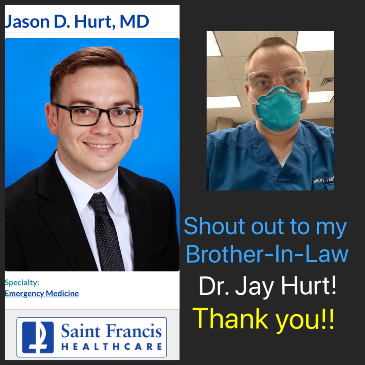 dani_huddle's tweet photo. A humongous shout out to my brother Jason! He has spent countless hours in the ER during this pandemic. Thank you for all that you do Dr. Jay! I love you! @matthewvpryor #StayHome #emergencydoc https://t.co/RygAAolcRB