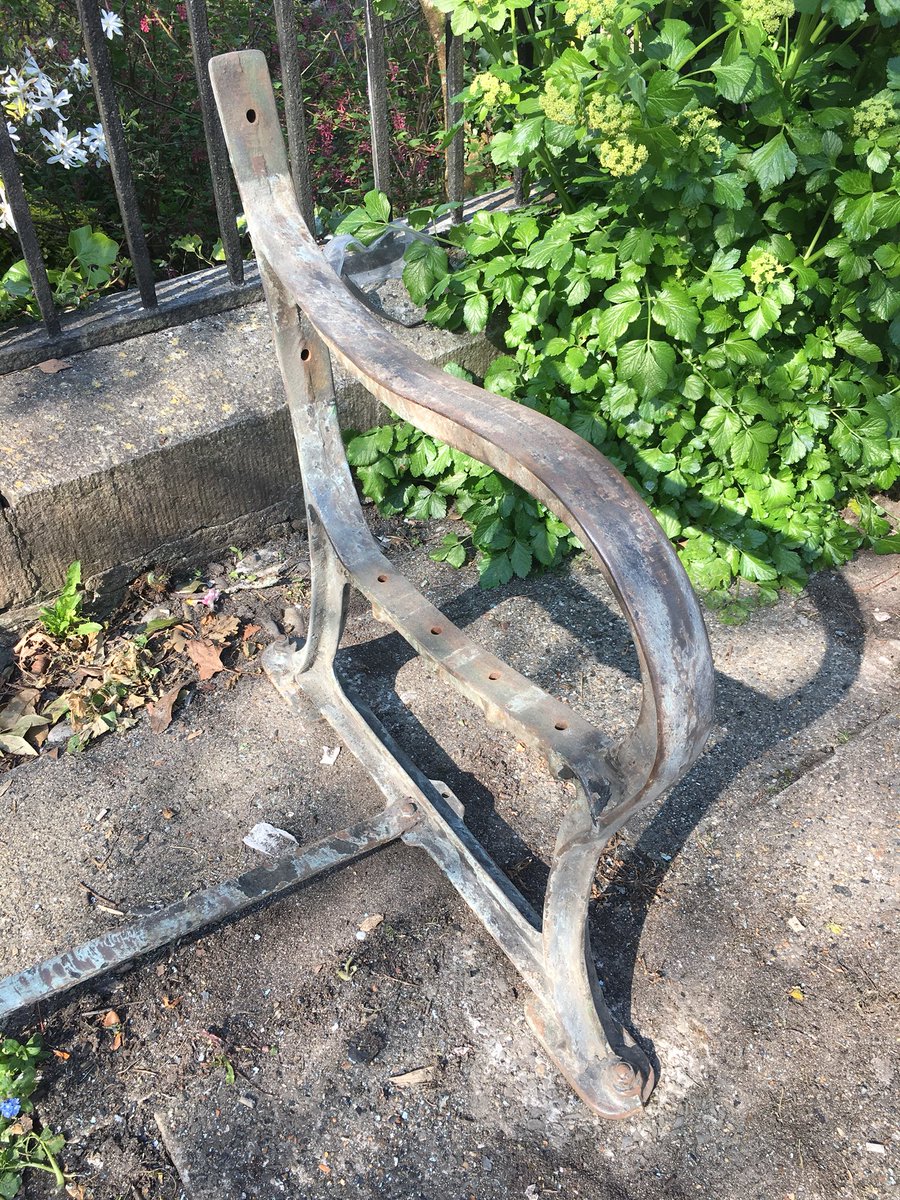 RFDReynolds's tweet photo. Bench restoration underway. Sanded down to lots of bare cast iron and sapele timber and repainting in @FarrowandBall Terre d’Egypte exterior eggshell and exterior metal primer. https://t.co/paFfJULa5o