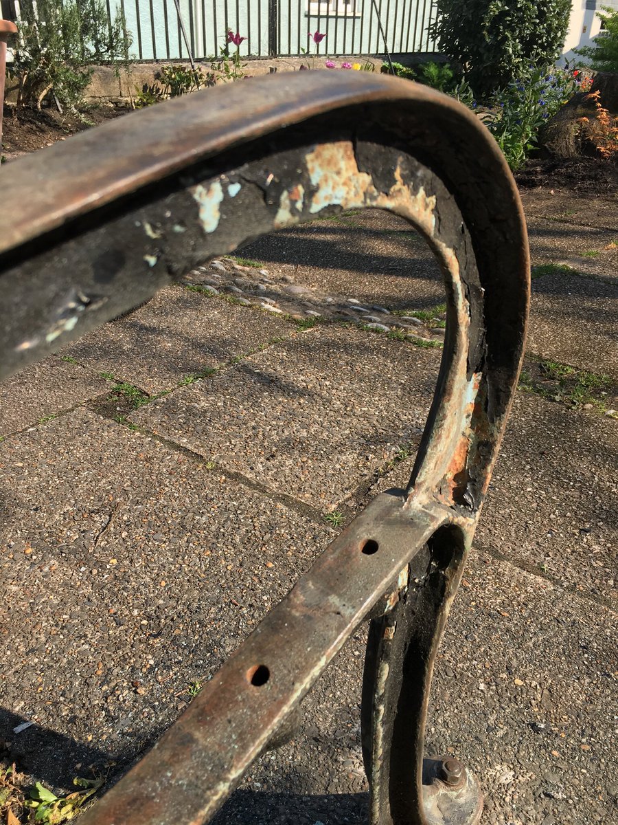 RFDReynolds's tweet photo. Bench restoration underway. Sanded down to lots of bare cast iron and sapele timber and repainting in @FarrowandBall Terre d’Egypte exterior eggshell and exterior metal primer. https://t.co/paFfJULa5o