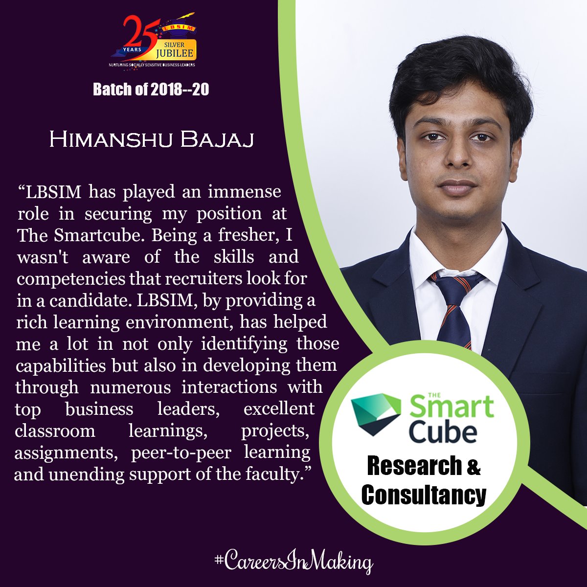 LBSIMOnline's tweet image. Himanshu Bajaj, student of the batch of 2018-20, secured his final placement at  The Smartcube.Congratulations Himanshu and wish you all the luck for your future endeavours!

#CareersinMaking #TheSmartcube #FinalYear #PGDM #LBSIM #LbsimDwarka #PlacementatLbsim