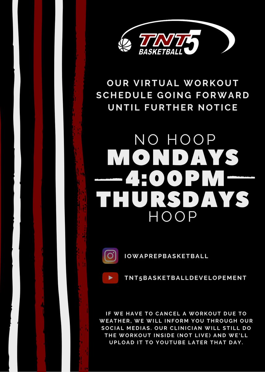 TNT5Basketball's tweet photo. -NEW INSTAGRAM LIVE SCHEUDULE-

Starting with Coach Drake Schuring this Monday with a 30 minute ball handling workout. 

These live workouts will continue to be for all age groups/all positions and uploaded to our YouTube page within 48 hours after that workout! https://t.co/zdB8xrF1lR