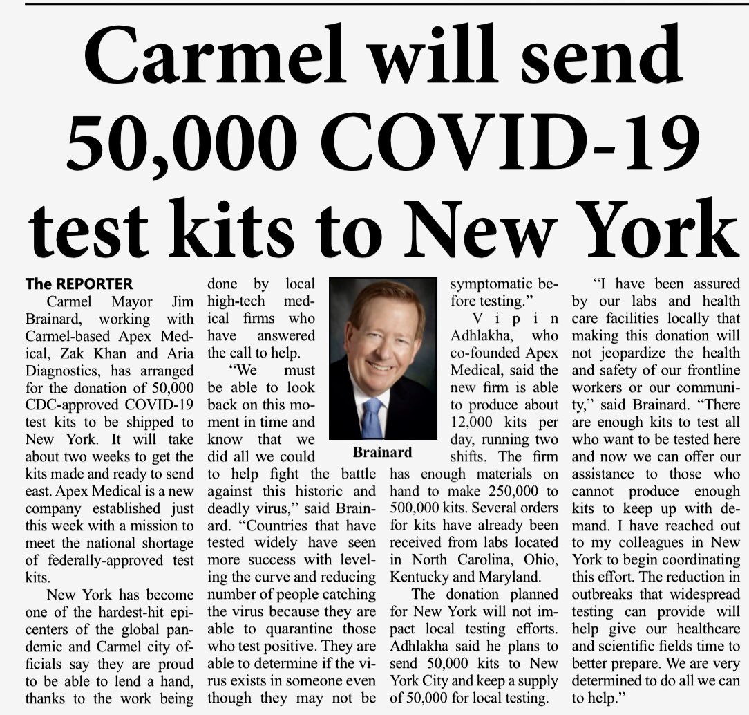 Carmel Mayor <a href="/jimbrainard/">Jim Brainard</a> working with Carmel-based Apex Medical, Zak Khan and Aria Diagnostics, has arranged for the donation of 50,000 CDC-approved COVID-19 test kits to be shipped to New York. <a href="/CITYOFCARMELIN/">City of Carmel, IN</a>