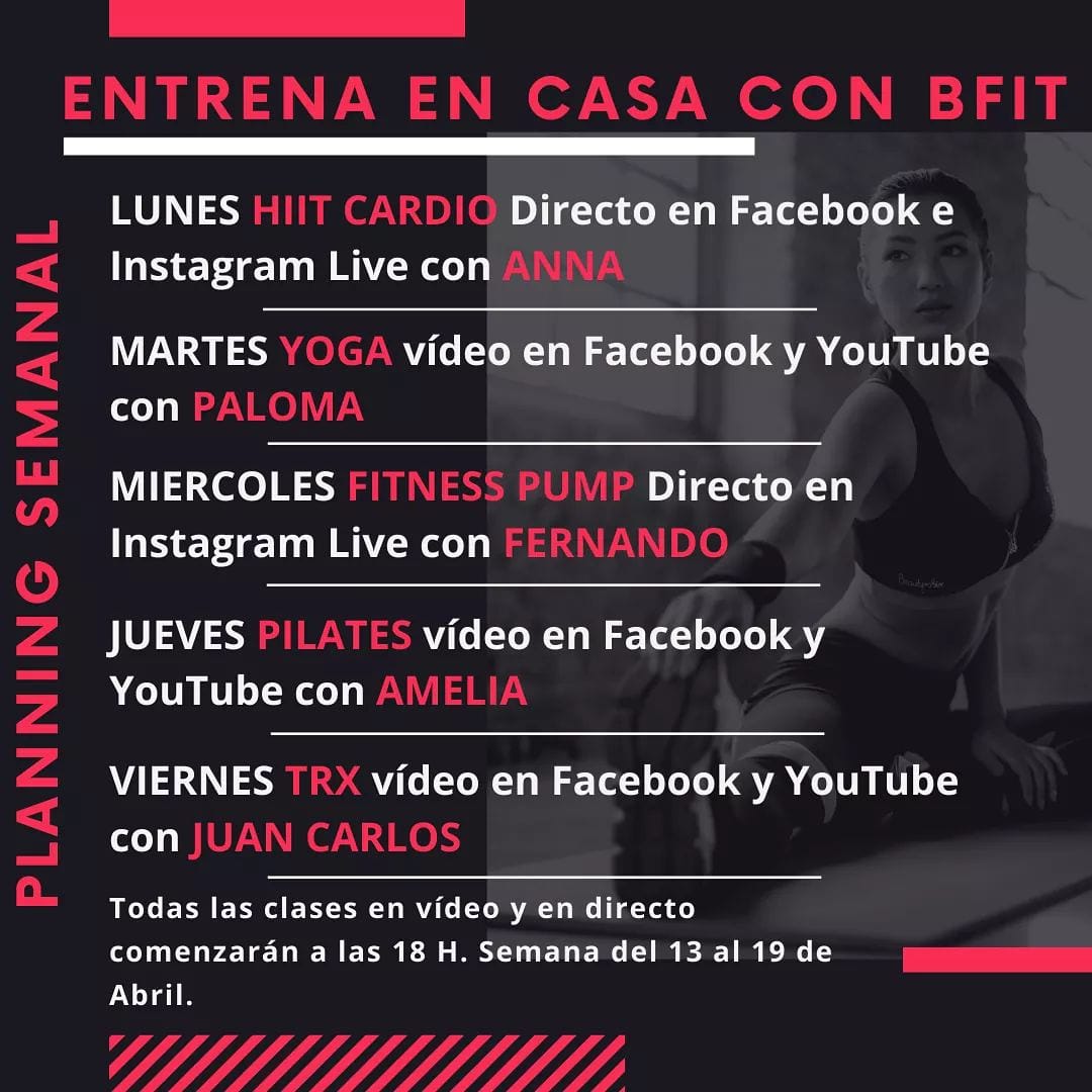 BFit_es's tweet photo. Buenas tardes!
Ya tenemos planificada la semana de #yoentrenoencasa
Para que os mantengais activos, tanto si eres socio de BFIT como si no lo eres, aquí os dejamos el planning para toda la familia.
Esperamos se os haga más ameno el tiempo y hagamos ejercicio juntos.Os esperamos!! https://t.co/rlkSMFtITm