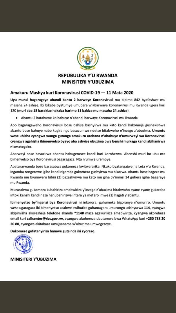 Evacool92's tweet photo. Uyu munsi mu Rwanda hagaragaye abarwaye coronavirus babiri. Abamaze kuyandura muri rusange bamaze kugera ku 120 barimo 18 bayivuwe bagakira. https://t.co/dNzD0dUJJ3