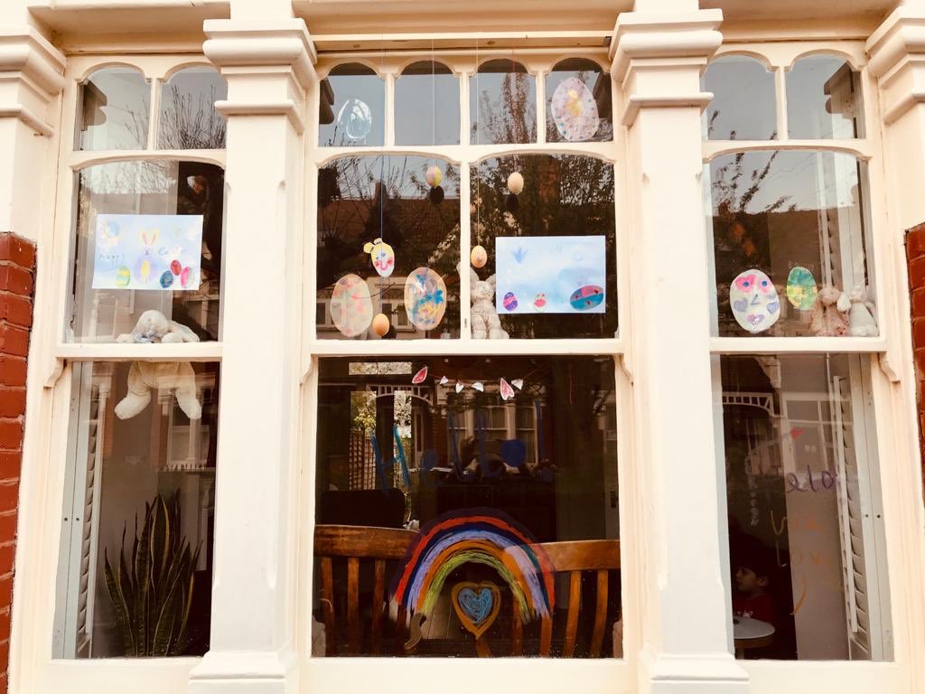 KienzleCSSS's tweet photo. Ready for the local Easter Egg Hunt! #EggsInWindows #MertonTogether @Merton_Council 
Happy Easter to the #keyworkers in all sectors! https://t.co/loi83NoCWz