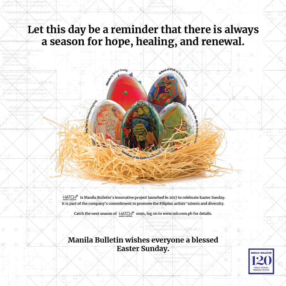 manilabulletin's tweet photo. Easter brings with us a renewal of hope that we will overcome life's challenges. Together, let us unite and fight Covid-19. Stay home and celebrate Easter with your family. Pray for the frontliners, the government, and the world.
#MBHatch #BeFullyInformed https://t.co/B3C9cEaO5b