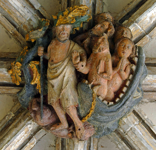 The Harrowing of Hell is depicted in one of the many carved and painted  #medieval bosses in  @Nrw_Cathedral 2/8