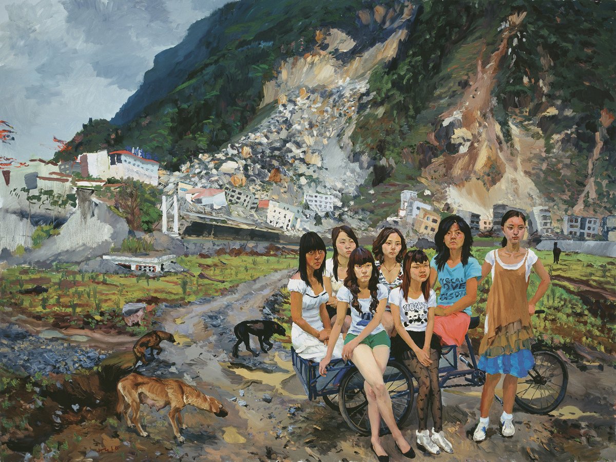 Paintings by Chinese artist Liu Xiaodong, 2010s, known for his large-scale depictions of modern life, pulling from his training in both the classical Chinese tradition and Social Realism