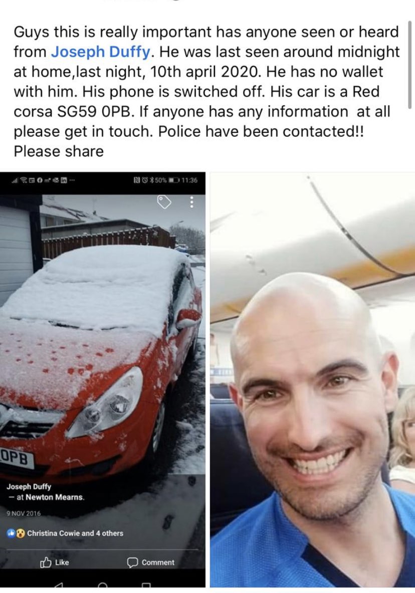 If you could retweet and get this out. Joesph “joe” Duffy is missing. Cracking guy and totally out of character. Any help would be appreciated.