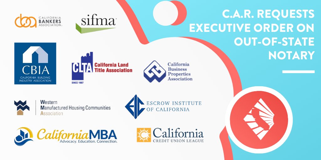 NEW: C.A.R. joined <a href="/calbankers/">California Bankers Association</a> <a href="/CAMortgBankers/">CA Mortgage Bankers</a> <a href="/CANVgovaffairs/">League Gov Affairs</a> <a href="/CaliforniaBIA/">California Building Industry Association</a> <a href="/CAHousingFix/">Western Manufactured Housing Communities Assoc</a> <a href="/SIFMA/">SIFMA</a> and others in urging Gov. <a href="/GavinNewsom/">Gavin Newsom</a> to issue an executive order confirming that out-of-state remote online notary will be accepted by all counties. bit.ly/3ec3A5v