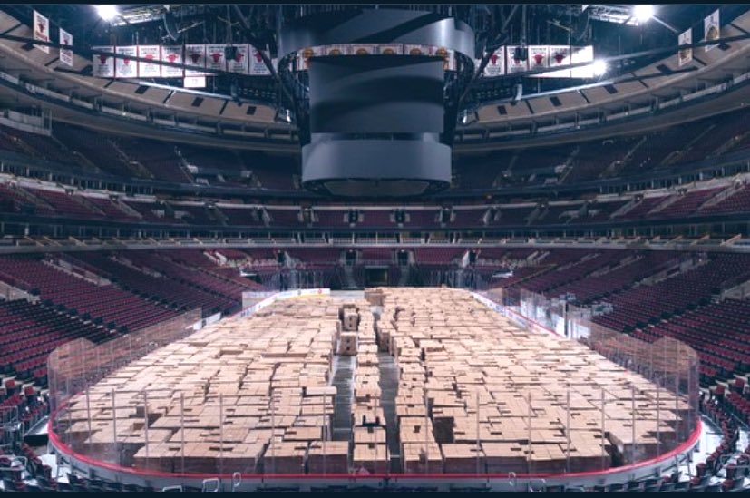 Roughly 775,000 pounds of non-perishable food currently being stored at the home arena for the  @chicagobulls and  @NHLBlackhawks, freeing up space for  @FoodDepository. This helps volunteers practice safe distancing practices while packing more food boxes to feed the community. 