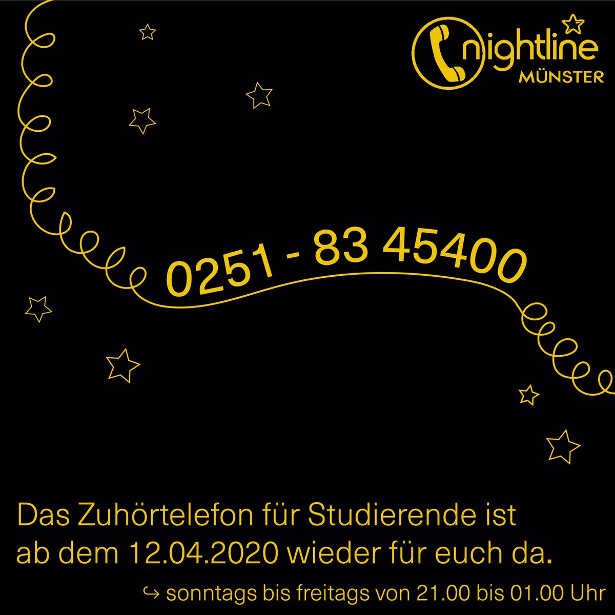 Es gibt gute Neuigkeiten: Das Zuhörertelefon ist ab morgen wieder für euch da! Die Nightline könnt ihr anrufen, wenn ihr einfach jemanden zum reden braucht. Sie ist von Studierenden für Studierende, anonym und vertraulich. Mehr Infos unter nightline-muenster.de