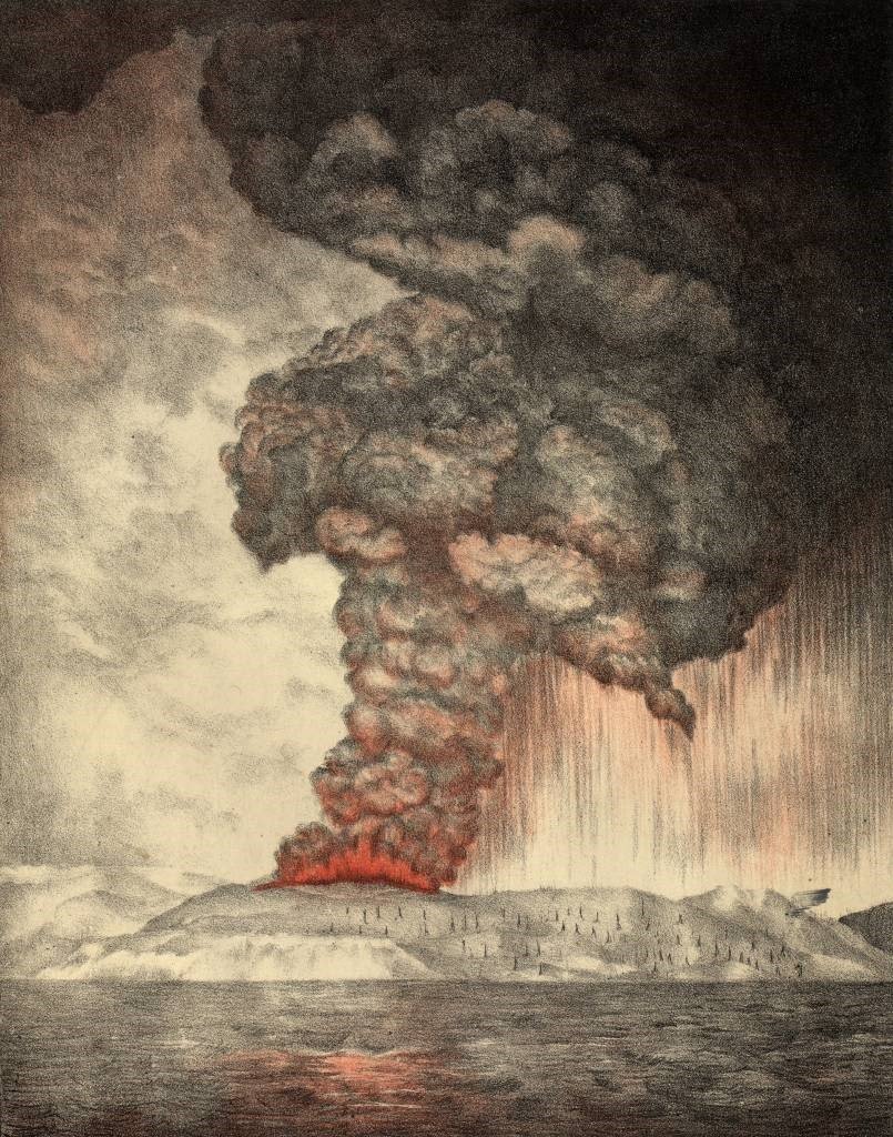 As 10h05min local, no dia 27 de agosto de 1883, a Ilha de Krakatoa explodiu, fazendo dois terços da ilha desaparecer em instantes. A explosão (equivalente a 5000 bombas de Hiroshima) atirou pedras a 27 km de altitude e o som (considerado o maior ruído até hoje) +