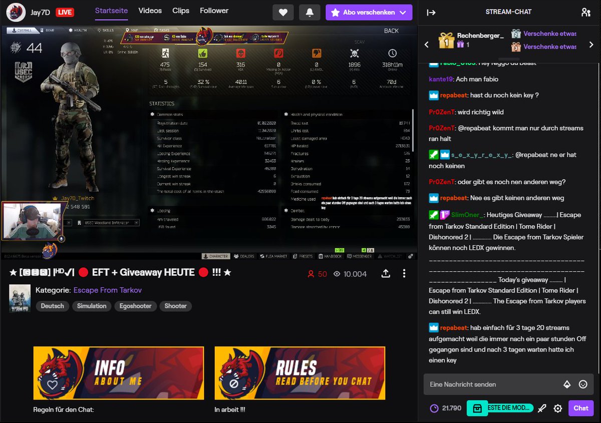 Escape From Tarkov Stream + Giveaway  Live on Twitch
 
twitch.tv/jay7d

Das erste Giveaway Startet um 18:30 !!!

#EscapeFromTarkov #GIVEAWAY #EFT #twitchstreamer #TwitchDE #SupportIstKeinMord #TwitchDESupport