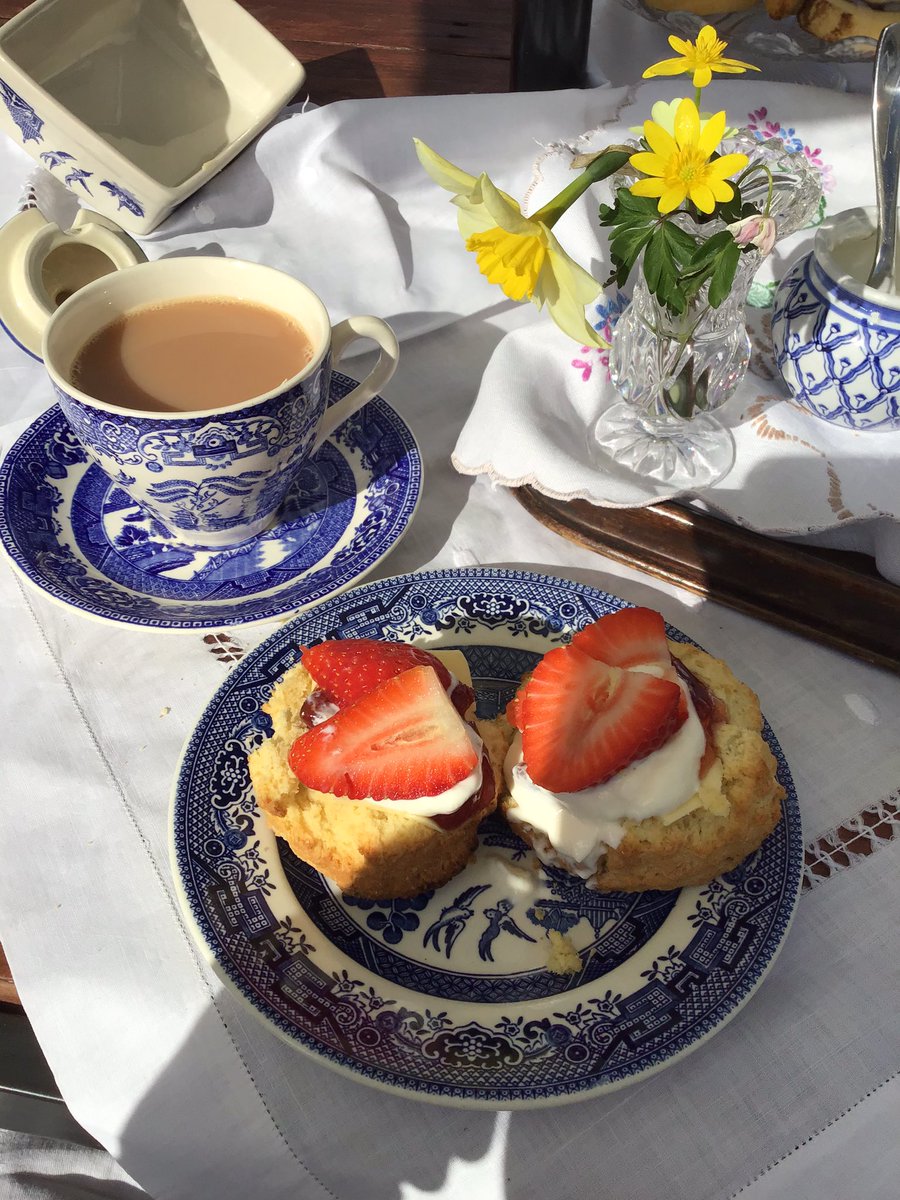 Afternoon tea in the garden 💙🤍 @SharonSTealover @brewster_pdb64 @dearsusanbranch @VictoriaMag @TeaTimeMag #Easter #afternoontea #scone #willowpattern #teaset #vintage #linen #english #country #garden