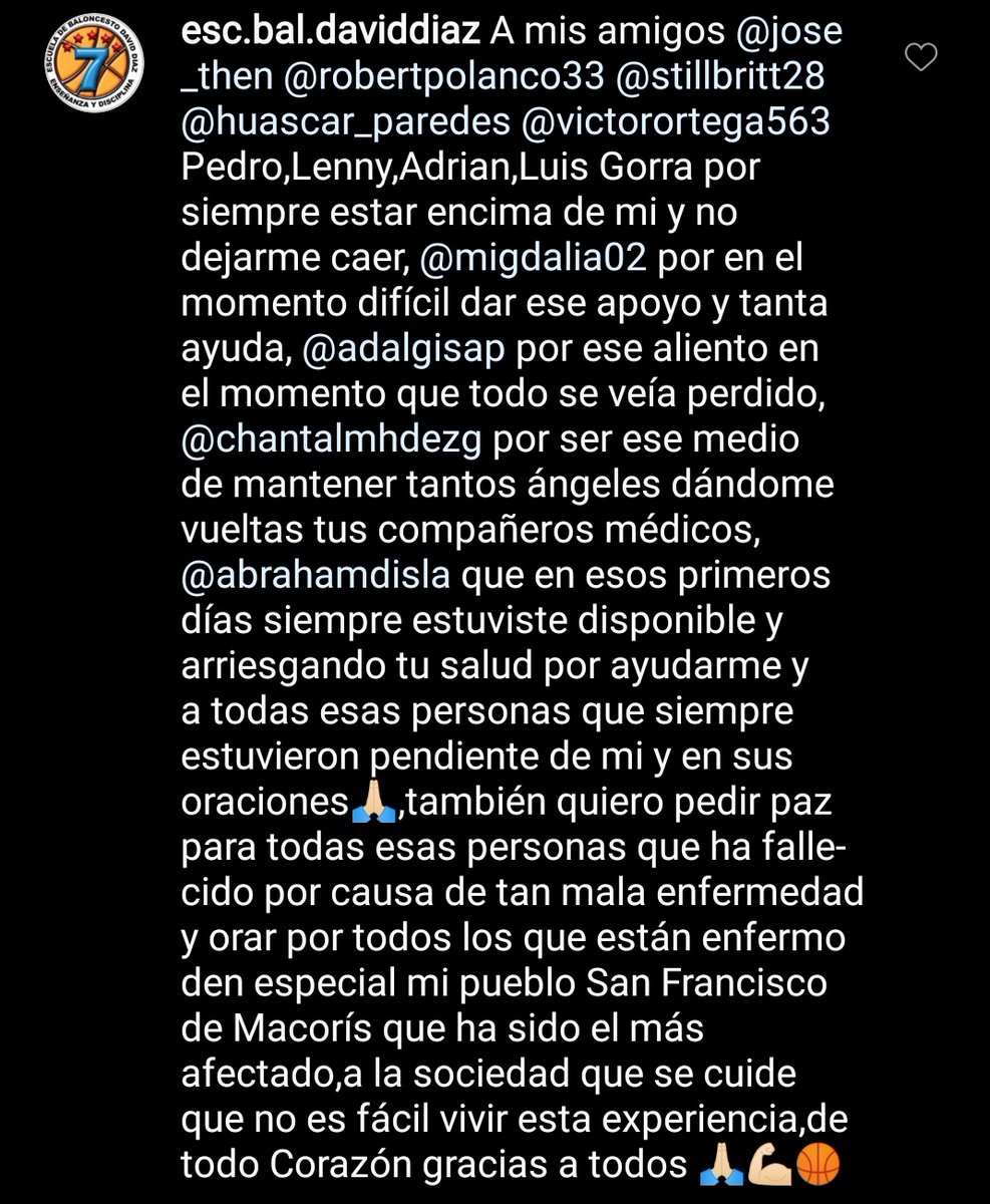RichardBazil's tweet photo. Mensaje que compartió el dirigente @david_diaz7 en su cuenta de Instagram, quien hoy dio negativo a una primera prueba del COVID-19 tras permanecer en cuidados intensivos por este virus desde el 21 de marzo, fecha que lo anunció @clubsancarlosrd. ¡Dios obrando con sus hijos! https://t.co/qzFgPE5wr0