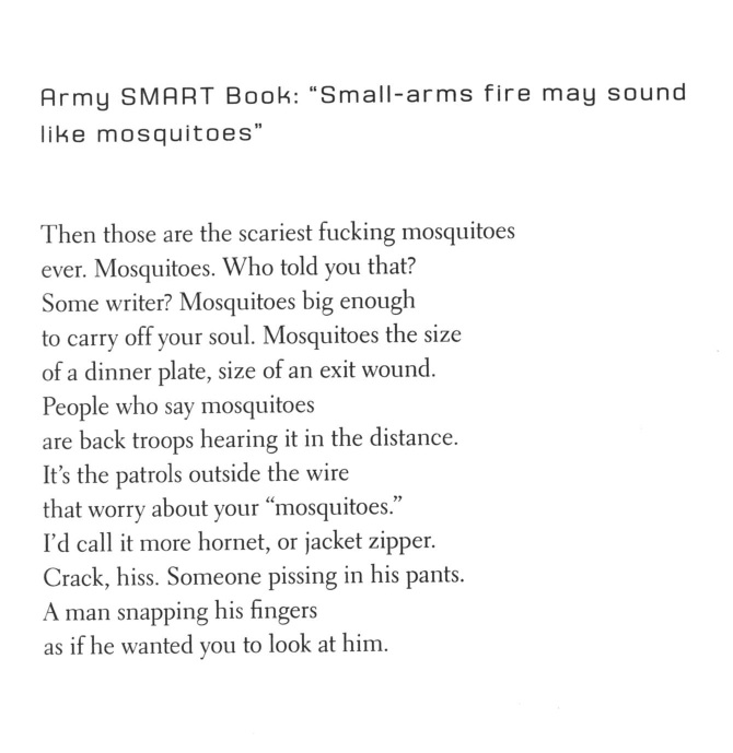 U.S. Army veteran Karen Skolfield's modern  #warpoetry deploys images (the sounds of bugs & bullets) familiar to service members of all eras, but also delivers a sting of gendered insight. From her "Battle Dress":  https://amzn.to/3cbwiBw   #NationalPoetryMonth 11/n