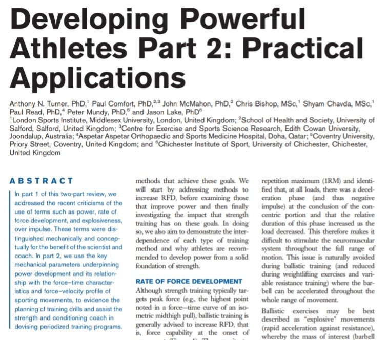 JesusyOlivares's tweet photo. "Developing Powerful Athletes"

✅ Pretty nice reviews by @anthonyturneruk et al.

👉🏽 Power, RFD, impulse... most interesting metrics

⏰ Special interest in time constraints (different windows)

💪🏽Target athlete weaknesses (STR/SPD) after ensuring STR capacity is enough (1,6xBM) https://t.co/EYOjWhTZUN