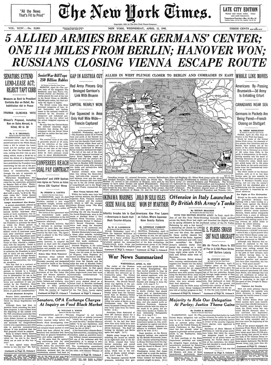 April 11, 1945: 5 Allied Armies Break Germans' Center; One 114 Miles From Berlin; Hanover Won; Russians Closing Vienna Escape Route  https://nyti.ms/3cbpqV2 