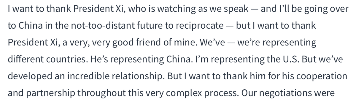 Just look at what Trump said as recently as mid-January — when his PDB reportedly was filled with ominous warnings about China’s stonewalling over the impending pandemic. He thanked Xi and said he expected to see him IN CHINA soon.  https://www.whitehouse.gov/briefings-statements/remarks-president-trump-signing-u-s-china-phase-one-trade-agreement-2/