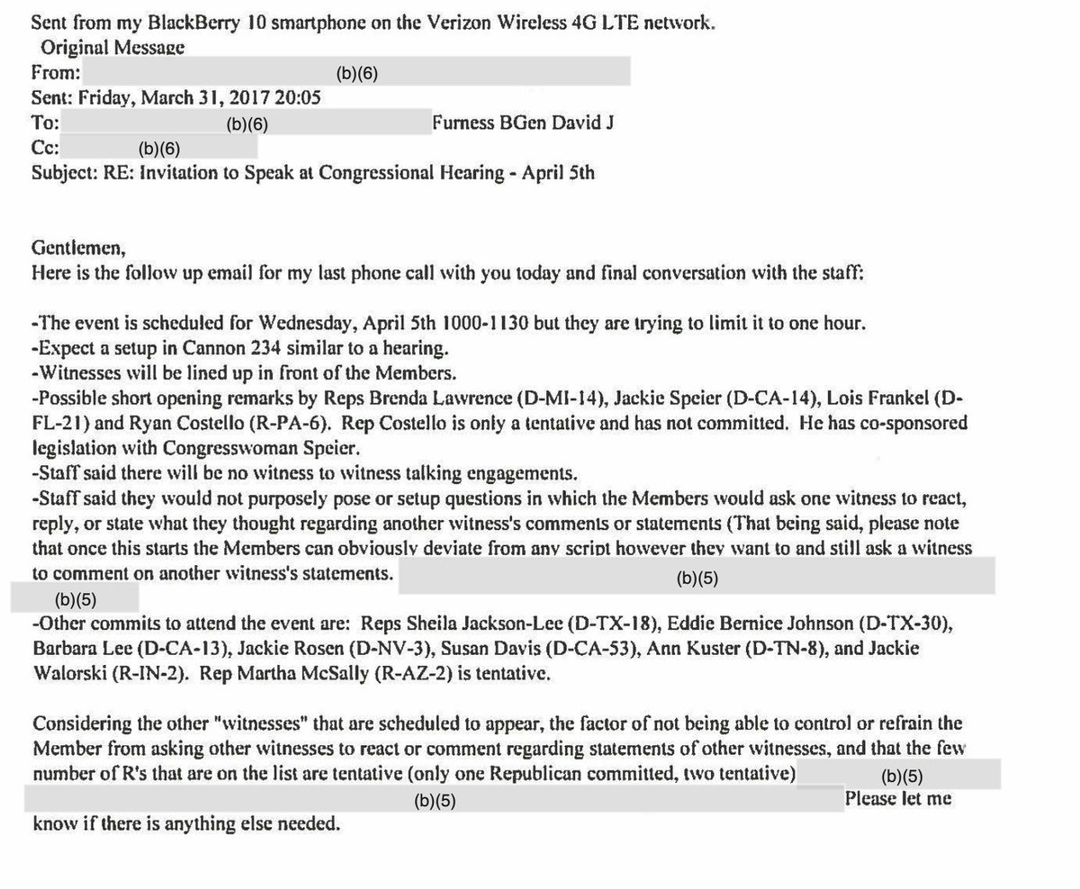 . @RepSpeier had a phone call with ACMC Gen. Glenn Walters. According to her office, he was invited to attend and he agreed. Marines in the Office of Legislative Affairs had concerns. They worried about the "witnesses" and what House members might say and the number of Republicans