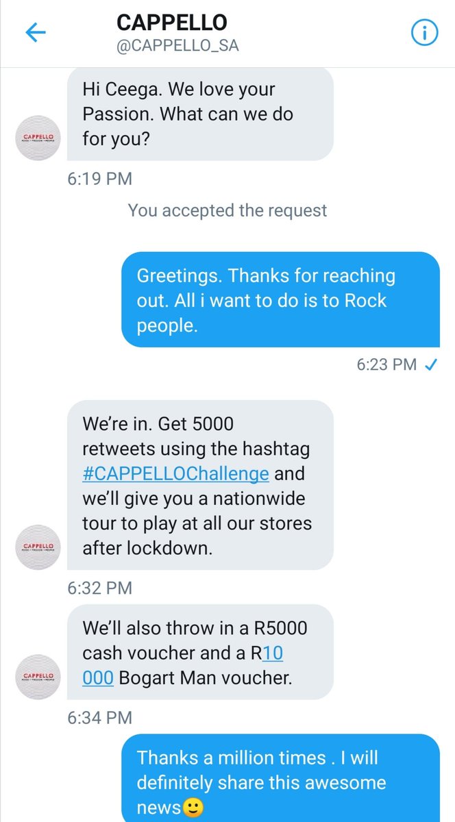 #CAPPELLOChallenge
<a href="/CAPPELLO_SA/">CAPPELLO</a>

Wow look @ God.. Thanks a lot <a href="/CAPPELLO_SA/">CAPPELLO</a>..

Guys if you want me in your hood @ your nearest Cappello please retweet &amp; help me to reach 5k retweets