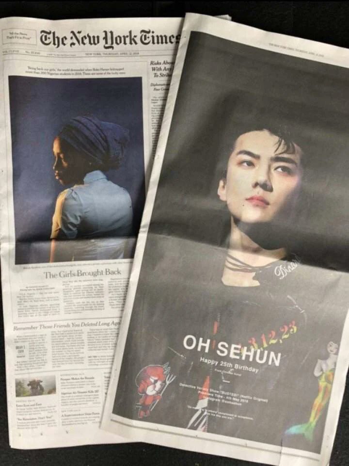 Some other firsts OSHBAR did for Sehun was being able to make Sehun be the 1st idol to ever get an Ad placement by fans at the expensive New York times newspaper.Another one was Sehun as the 1st idol to get an ad at CH's largest commercial & financial center. #GoldenSehunDay