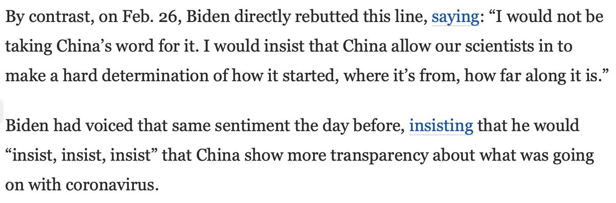 What was Biden saying during this precise period? Exactly the opposite, insisting on the need for more transparency from Beijing. He was demanding that after warning in late January in a full-blown op-ed of Trump’s unpreparedness to handle the virus.  https://www.usatoday.com/story/opinion/2020/01/27/coronavirus-donald-trump-made-us-less-prepared-joe-biden-column/4581710002/