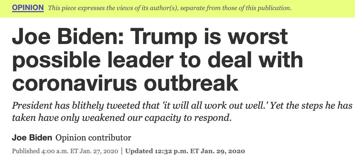 What was Biden saying during this precise period? Exactly the opposite, insisting on the need for more transparency from Beijing. He was demanding that after warning in late January in a full-blown op-ed of Trump’s unpreparedness to handle the virus.  https://www.usatoday.com/story/opinion/2020/01/27/coronavirus-donald-trump-made-us-less-prepared-joe-biden-column/4581710002/