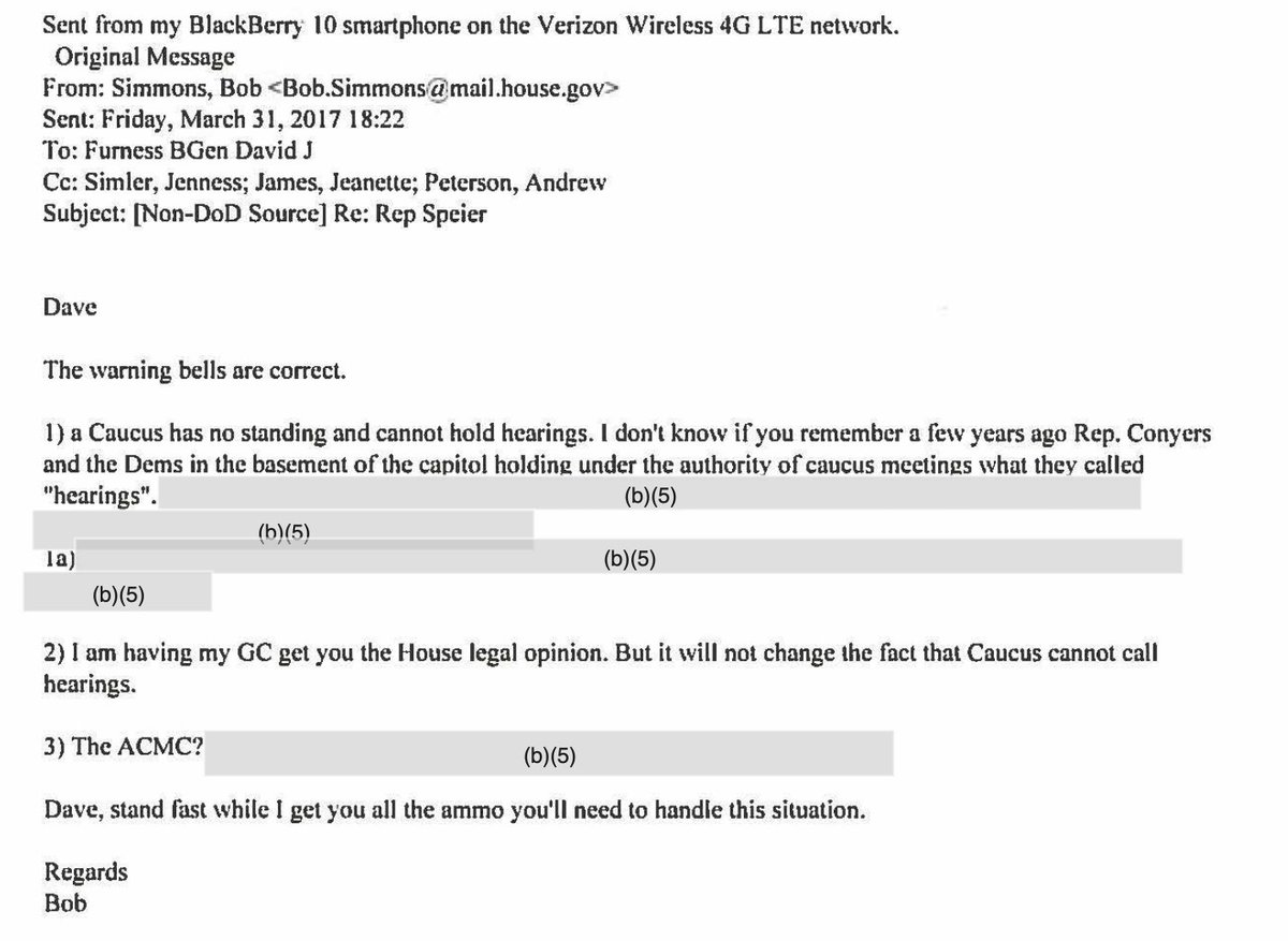 How the  @USMC got out of the hearing: Bob Simmons wrote back and said, "The warning bells are correct," and "Stand fast while I get you all the ammo you'll need to handle this situation." Mr. Simmons has since left the House of Representatives. He's now a vice president at Boeing