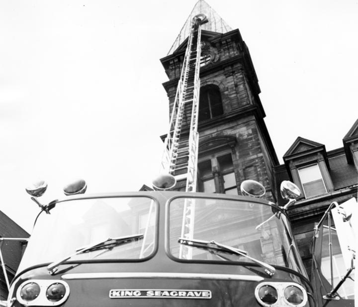 4. HFD demonstrating new aerial apparatus at City Hall, 1964.