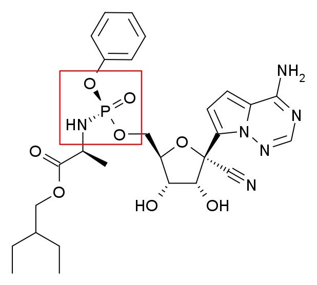Red box: Ester-phosphate group that renders the drug more lipophilic by hiding the positive charges on the phosphate. Otherwise, the drug is not lipid soluble enough to penetrate the patient’s cells in which the virus resides. ACTIVATION of the drug to triphosphate occurs here.
