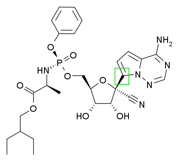 The green box depicts what we call C-nucleoside bond. It ORIENTS the 3D structure of the drug properly in space and provides rugged and robust resistance against degradation by the virus.