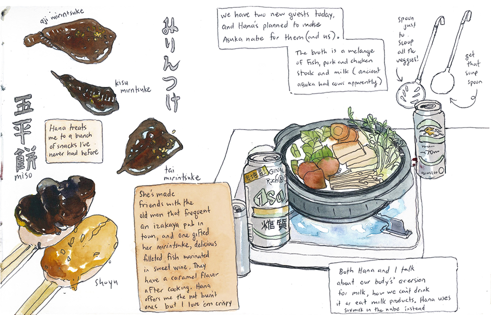 More pages from my travel journal in Asukamura. I bought okra seeds recently and can't wait to try to turn my front yard into a magical okra forest. 