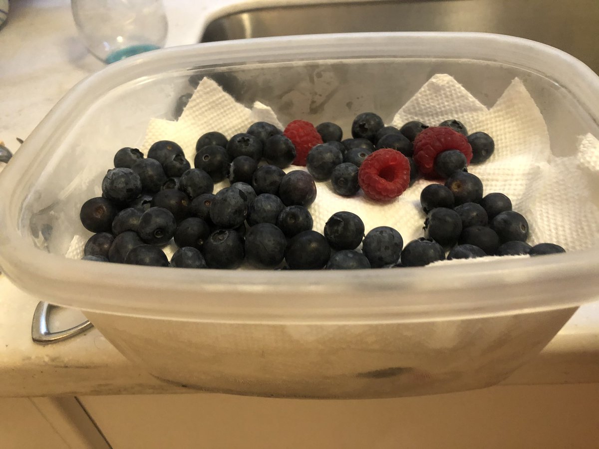 I’ve dived deep on food storage and preservation, almost like a new hobby. These berries are a week old and still firm + fresh. Filled a salad spinner with 10 parts water, one part vinegar + a drop of soap. Soaked for thirty minutes and put away like so: