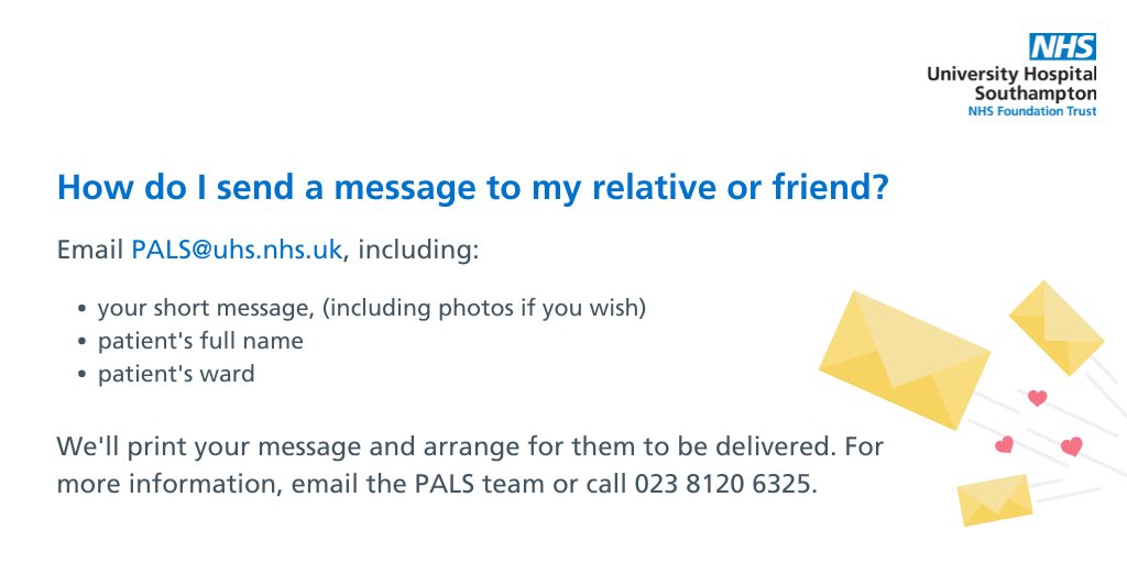 University Hospital Southampton ๐ (@uhsft) on Twitter photo Do you have a loved one in hospital that you'd like to get a message to? ๐จโค๏ธ
Our PALS team are helping to keep patients and their friends and family connected during the COVID-19 outbreak.
Email your messages to PALS@uhs.nhs.uk ๐ Do you have a loved one in hospital that you'd like to get a message to? ๐จโค๏ธ
Our PALS team are helping to keep patients and their friends and family connected during the COVID-19 outbreak.
Email your messages to PALS@uhs.nhs.uk ๐