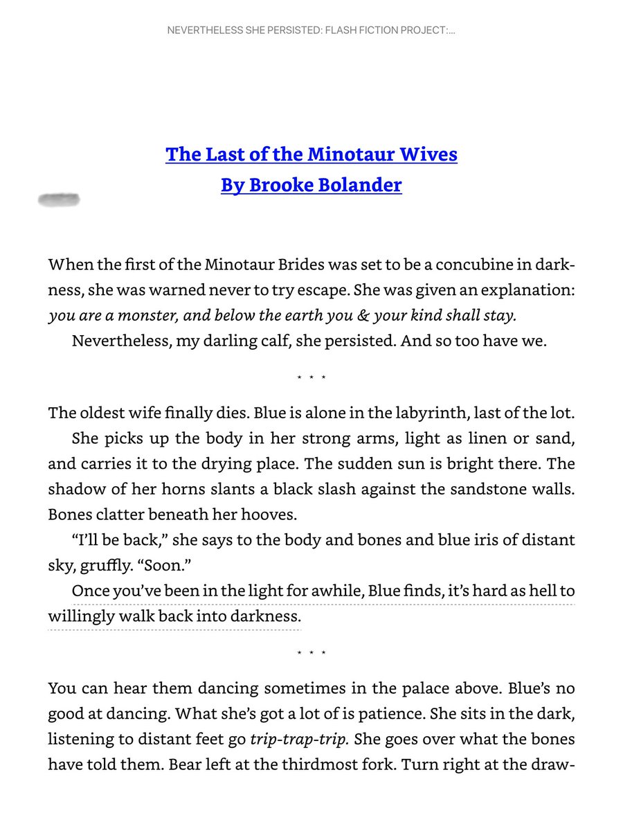 4/10/2020: "The Last of the Minotaur Wives" by  @BBolander, published in NEVERTHELESS, SHE PERSISTED from  @TorDotComPub. Available online at  @TorDotComPub:  https://www.tor.com/2017/03/08/the-last-of-the-minotaur-wives-brooke-bolander/