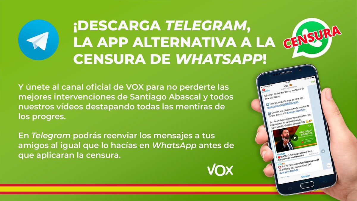 vox_es's tweet photo. 🚫📱 ¡NO LE GUSTAS A WHATSAPP!

Por eso te animamos a descargarte la aplicación de Telegram, donde encontrarás todo tipo de canales que defienden a España sin censura.

Te puedes unir al canal de VOX a través de este enlace:

https://t.co/4yohFYXKxn

¡Ya somos más de 14.000! 💪🇪🇸 https://t.co/X6POlmLwUM