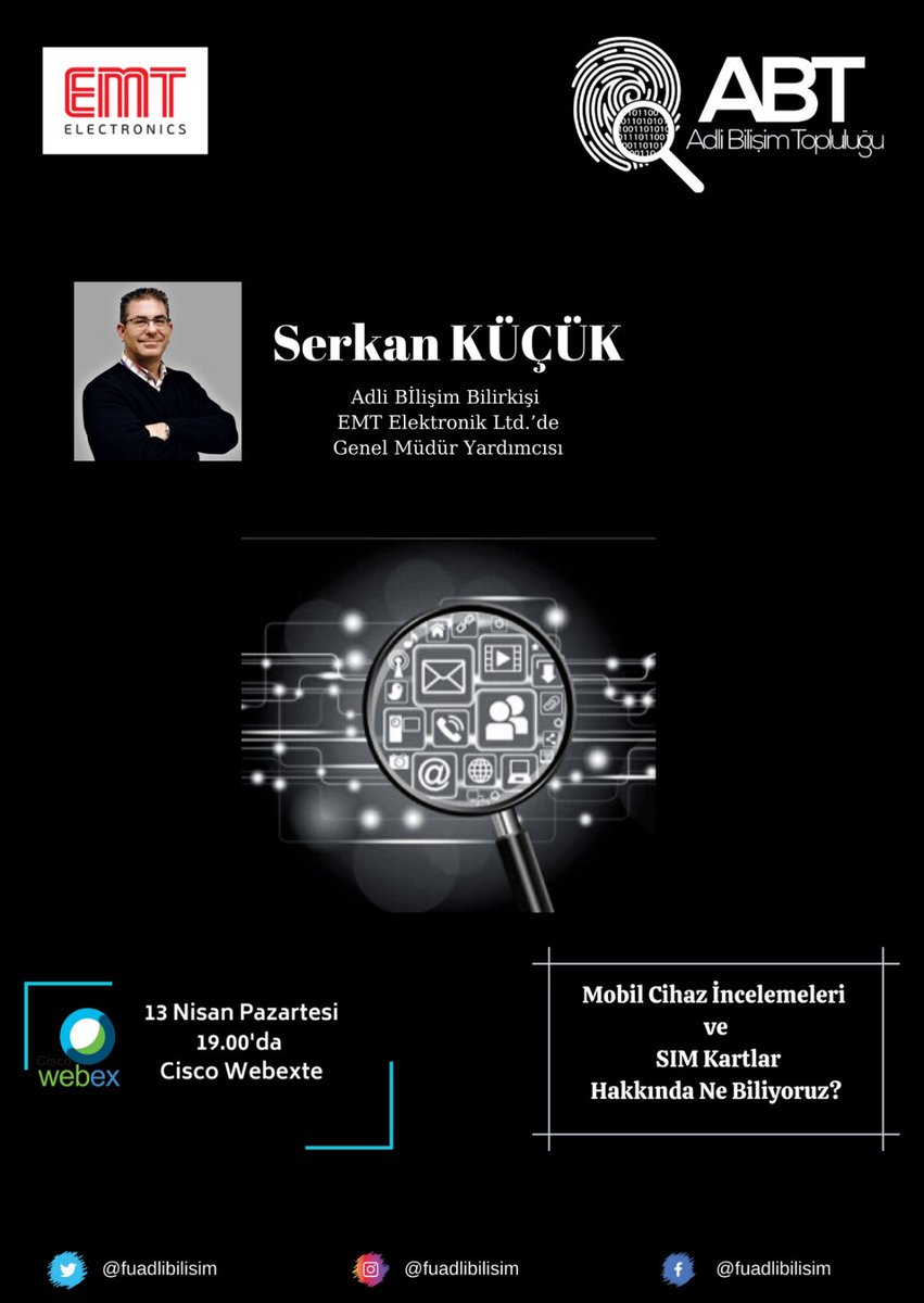 adlibilisimfu's tweet photo. 13 Nisan pazartesi günü saat 19.00’da EMT Elektronik şirketinde Genel Müdür Yardımcısı olan Sayın Serkan KÜÇÜK ile Cisco Webex üzerinden Mobil Cihaz İncelemeleri ve SIM Kartlar hakkında konuşacağız. @EMTAkademi 
Kayıt Formu Linki: https://t.co/LLNPQAWTW0 https://t.co/Hg4T9pEzUe