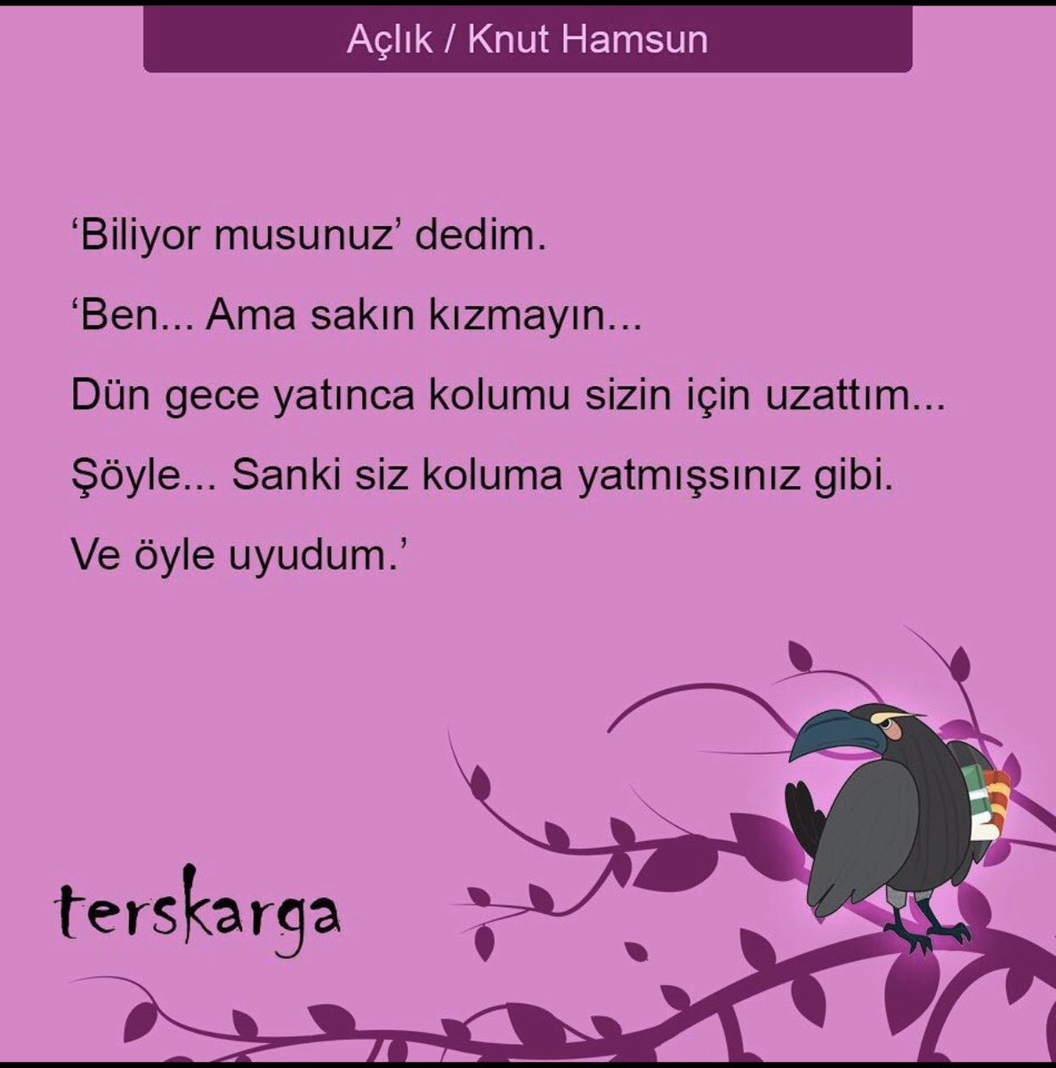 📚 ‘Biliyor musunuz’ dedim.
‘Ben...Ama sakın kızmayın...
Dün gece yatınca kolumu sizin için uzattım...
Şöyle... Sanki siz koluma yatmışsınız gibi.
Ve öyle uyudum.’📚 #sabitfikir <a href="/SabitFikir/">SabitFikir</a> <a href="/terskarga/">Ters Karga</a> #aclik #açlık #knuthamsun #varlikyayinlari <a href="/varlikyayinlari/">Varlık Yayınları</a>