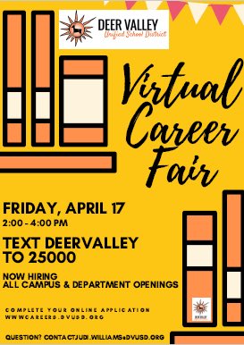 JudiWilliams7's tweet image. Together we can! Join our extraordinary team... DVUSD virtual career event this Friday!  Text the keyword DeerValley to 25000 to register. “Talk” to you Friday! @DrFinchDVUSD @DVUSD #extraordinary