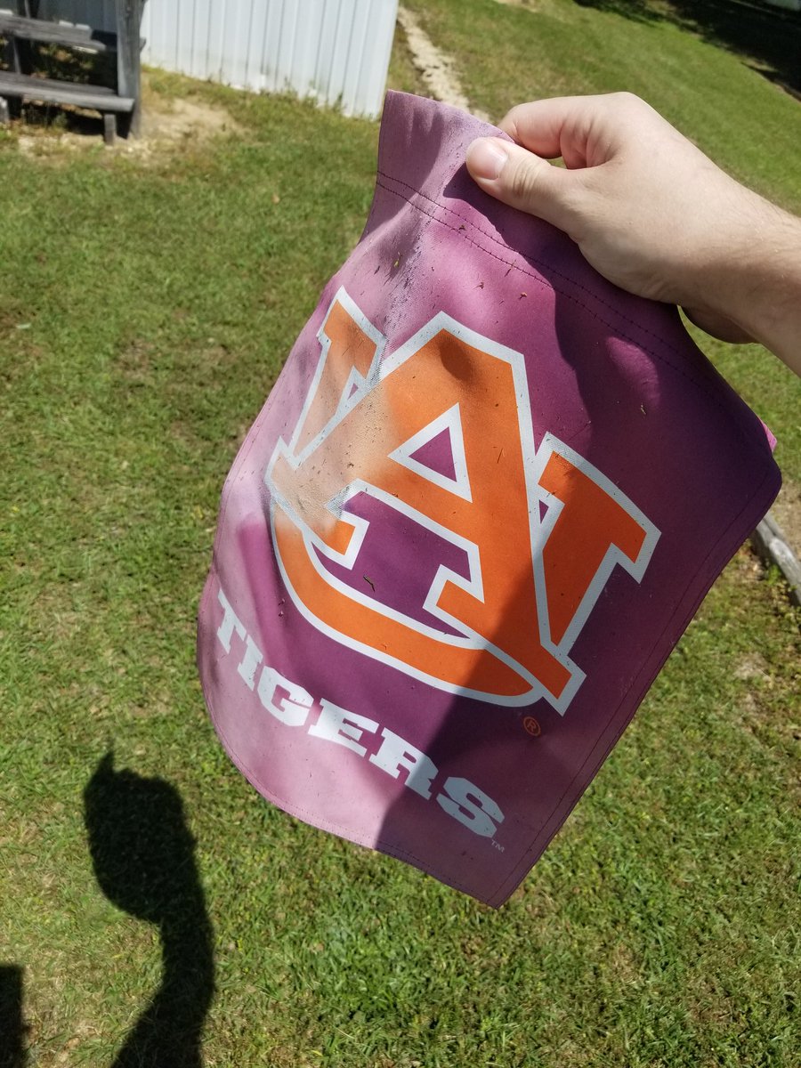 ByJustinLee's tweet photo. Cutting the grass today and this must have blown in from a neighbor's yard.

Quarantine fun fact: Clemson football was started up by an Auburn alum who brought some old jerseys with him -- so when you see faded navy like this, it perfectly illustrates how Clemson got its colors! https://t.co/7Hd6V5uRGj