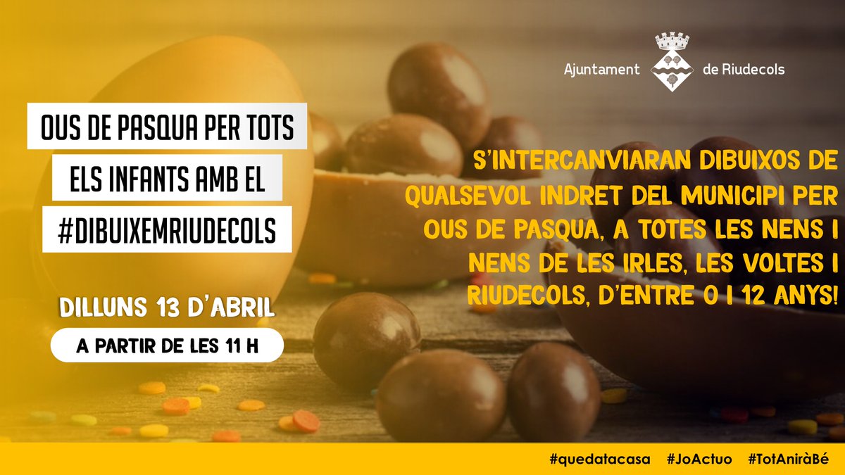 riudecols's tweet photo. 📢 El proper dilluns 13 d'abril, a partir de les 11 h, s'intercanviaran a la porta de les vostres llars, dibuixos dels vostres infants (de 0 a 12 anys), per Ous de Pasqua de xocolata!

✅ Per poder-hi participar, només cal que ompliu el següent formulari: https://t.co/3qXyL9pTns https://t.co/OodayP7ZjR