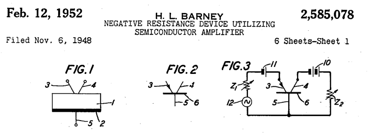 the evolution of the transistor symbol becomes clear in a slightly later patent (2,585,078) by another Bell Labs researcher, Harold Barney.