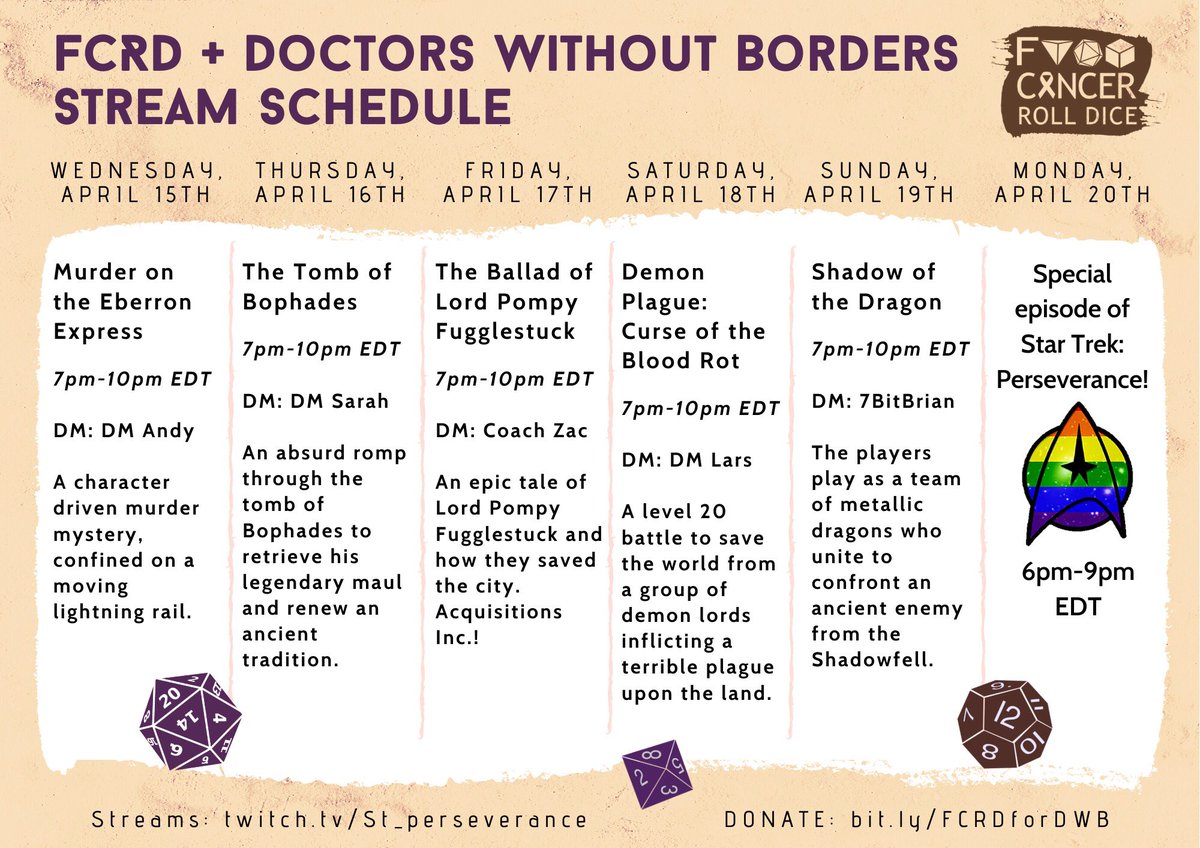 heyeliasveren's tweet image. Hey what’s this? Playing D&amp;amp;D for a good cause?! #FckCovidRollDice benefits @MSFUSAStreaming! I’ll be playing on Friday - but there’s awesome games running all week thanks to @FCRD12 and others. 

Want to support? Donate here: bit.ly/FCRDforDWB
#charitystream #ttrpgcommunity