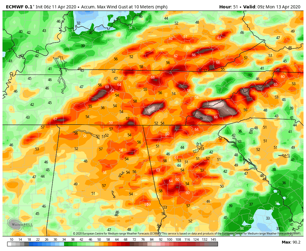 Pictured here: ECMWF (Euro) wind gusts about 30' above the ground through 4 AM Monday (CDT). The wind threat is similar to the storms in January. We had both very high wind gusts and tornadoes this day. ( https://whnt.com/weather/national-weather-service-says-ef-2-tornado-hit-marshall-county-brindlee-mountain-primary-school/)  #valleywx